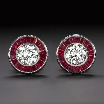 PENDIENTES DE RUBÍ DIAMANTE CERTIFICADO GIA 1ct Art Deco estilo vintage halo redondo Foto 1 de 2