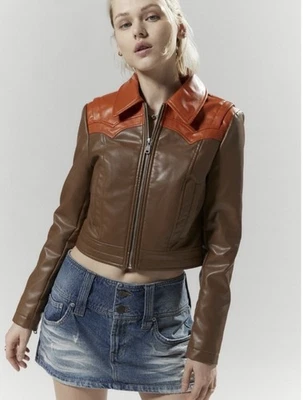 Chaqueta Western Silence + Noise Mariah Imitación Cuero Talla Mediana Marrón Nueva con Etiquetas Foto 1 de 4