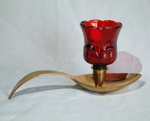 Single Brass Candle Holder ~ Spoon Shaped Chamberstick w Red Glass Votive ~ Used - Picture 1 of 11