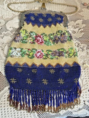 Cartera Antigua Depose Francia Micro Panes Marco Ornamentado Chic Rosas Azul Cobalto Foto 1 de 4