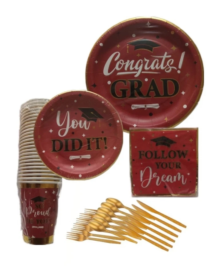 175 Pcs Red, Gold & Black Graduation  Dinnerware Set, 25 each Graduation Plates  - Image 1 of 2