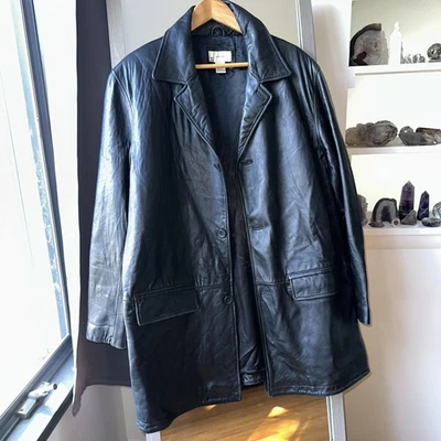 Vintage Merona Leather Car Coat Mens L Black 3 Button Notch Lapel Lined Jacket - Image 1 of 4