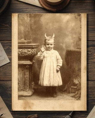 Tarjeta victoriana con cuernos diablo niño gótica del día de la madre padre en blanco por dentro Foto 1 de 4