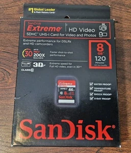New - SanDisk Extreme 8GB Class 10 - 20MB/s - SDHC UHS-I Card - SDSDRX3-8192-A21 - Picture 1 of 3