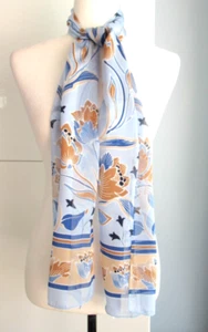 Rectangular Floral Pattern Scarf 11" x 62" Made in Italy, Blue, Tan, White - Picture 1 of 7