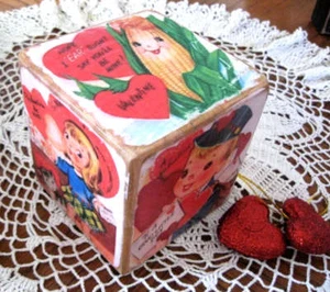 Primitive Vintage Valentines Cupid 4X4 Wooden Block 6 Sided - Picture 1 of 1