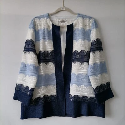 Chaqueta abierta Draper's & Damon's para mujer azul blanco a rayas detalle encaje talla grande Foto 1 de 4
