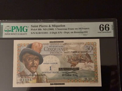 SAINT PIERRE & MIQUELON, 50 FRANC OVERPRINT on REUNION #44  1 NF 1960 PMG 66 EPQ - Image 1 of 3