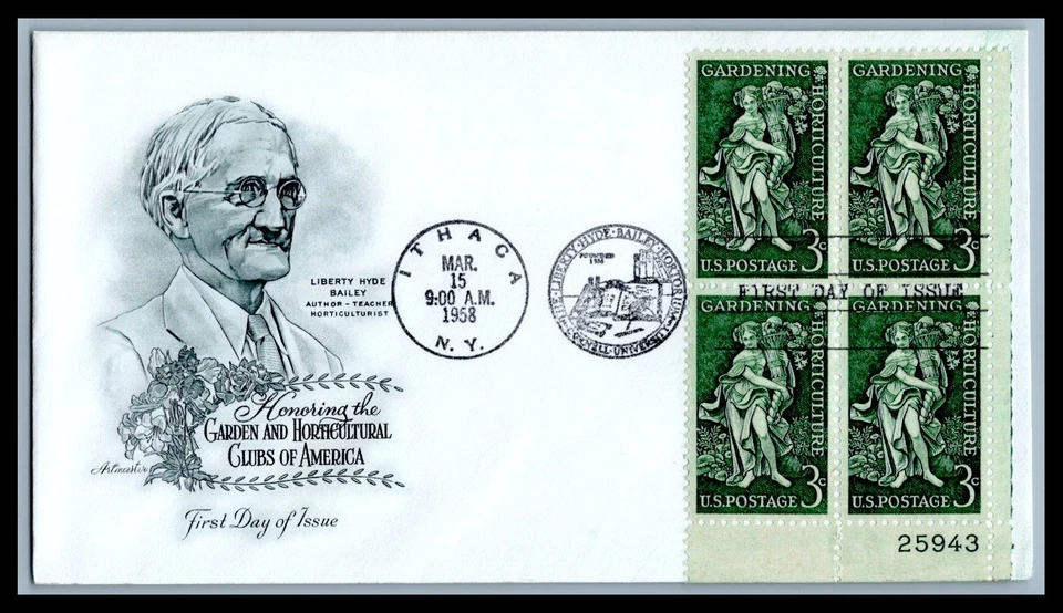 US FDC # 1100 3c Garden Horticulture Artmaster Plate Block 25943 LR 1958, 9k370 - Image 1 of 1