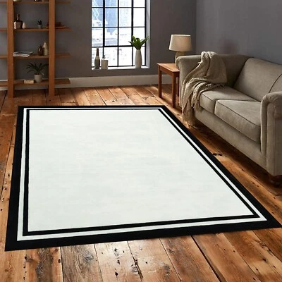 Black & White Wool plain with border Hand Tufted Rug for Home Décor ,Kids Room , - Image 1 of 4
