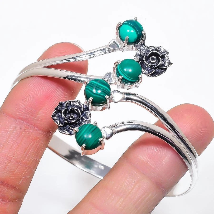 Brazalete ajustable de plata de ley 925 hecho a mano con piedras preciosas de malaquita verde Foto 1 de 1