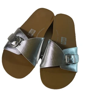 FitFlop IQushion Adjustable Buckle Metallic Leather Slides Gr. 6 EU 37 Silver - Bild 1 von 11
