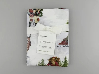 Pottery Barn Pillowcases Set of 2 Nostalgic Santa STANDARD 100% Cotton Reindeer - Image 1 of 4