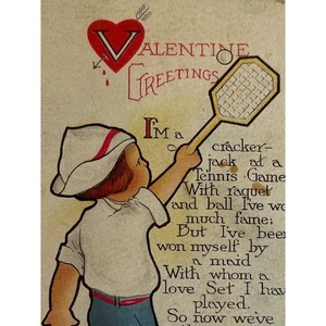 Antike frühe 1900er Ephemera Valentinstag Postkarte Tennisspieler Junge Liebe Gedicht SIEHE - Bild 1 von 8
