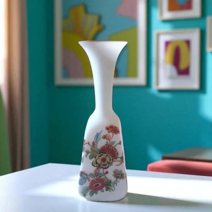 Vintage Norleans White Satin Glass Vase Transferware Flowers 14 1/2" - Picture 1 of 6