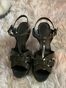 Yves Saint Laurent Gunmetal Grey Patent Tribute Ankle Strap Sandals Size 37 - Picture 1 of 8