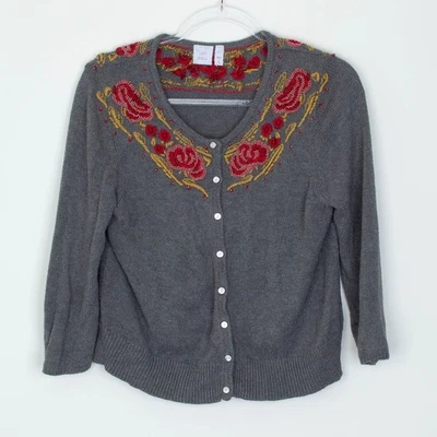 J. Jill Gray Embroidered Rose Beaded Button Cardigan Sweater Womens S Petite - Image 1 of 4