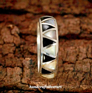 White Abalone Silver Inlay Ring Inlay Band Sterling Silver 925 Ring Jewelry - Picture 1 of 6