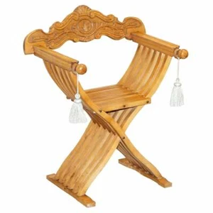 ONE TWO FOLDING SAVONAROLA ARMCHAIRS WITH SILK HANGING TASSELS WELL CARVED - Picture 1 of 12