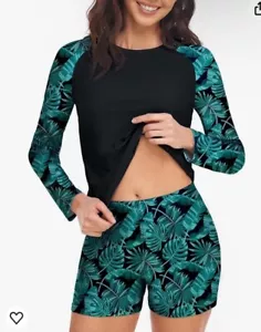 Davena Rashguard XL Green 2Pc Black Swimtop Padded Long Sleeve UV Boy Short - Picture 1 of 14