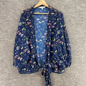Davi & Dani Blouse Women S Small Blue Floral Tie Up Long Sleeve Open Front Sheer - Picture 1 of 10