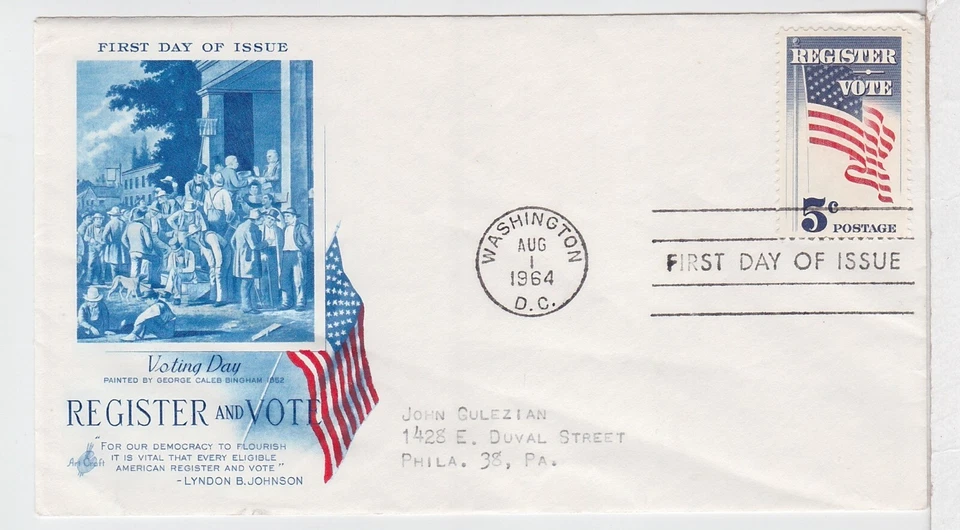 TurtlesTradingPost- Register & Vote Flag #1249- 1964 FDC Artcraft Cachet - Image 1 of 1