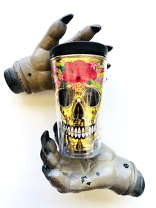 Gold day of the dead sugar skull tumbler Cool gear cup with lid - Bild 1 von 13