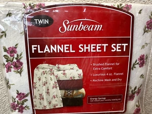 Sunbeam 100% Cotton Brushed Flannel 3 Piece Twin Sheet Set, Rose Pattern NEW - Picture 1 of 4