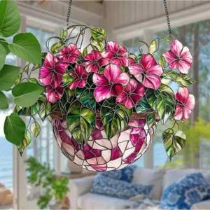 Pink Glory Flower Basket Hanging Suncatcher Stained Glass Effect Home Decor Gift - Picture 1 of 4