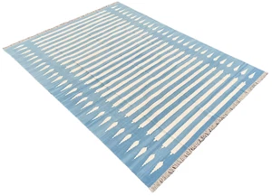 Handmade Cotton Area Flat Weave Woven Rug, Blue And White Indian Striped Dhurrie - Picture 1 of 11