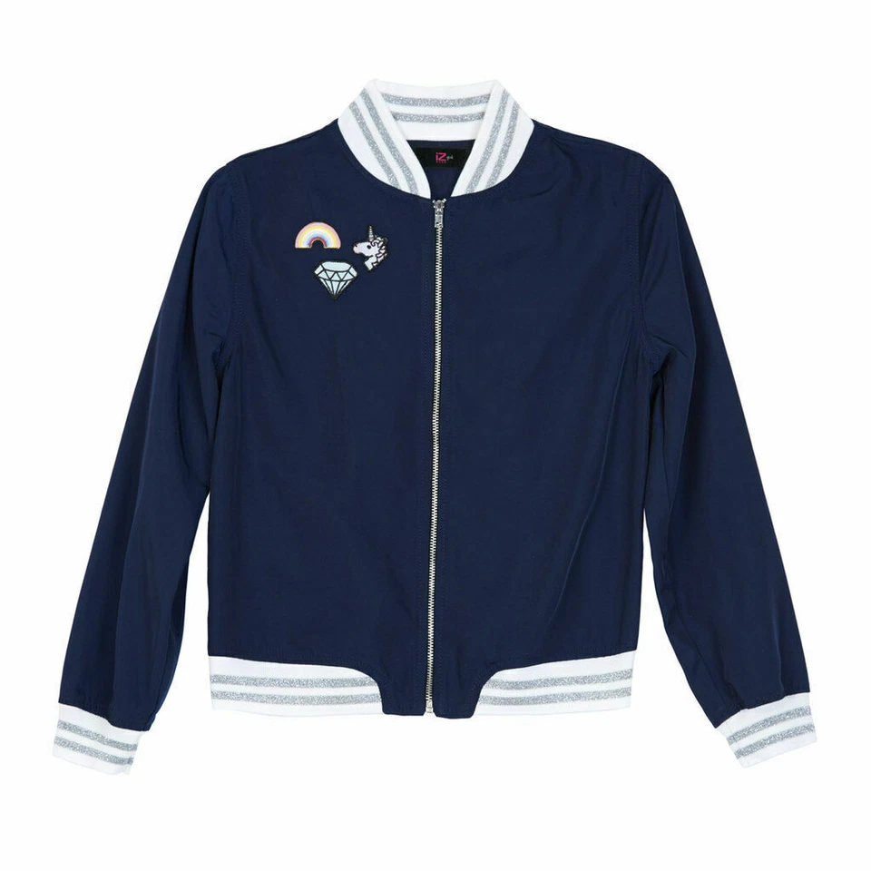 IZ Amy Byer Bomber Jacket Coat Navy Blue w/Unicorn Rainbow Patch Applique Zip-up - Image 1 of 1