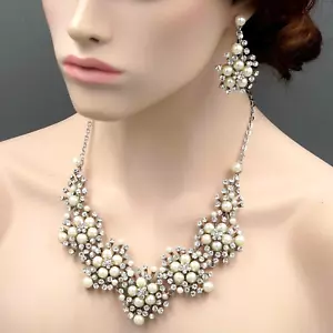 Rhodium Plated Pearl Crystal Necklace Earrings Bridal Wedding Jewelry Set 09076 - Picture 1 of 8