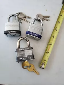 3 locks c/w 2 keys each MASTER BUFFO NMC 1/4" hardened shank 40mm 1 1/2" body - Picture 1 of 7