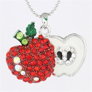Lovely Red Rhinestone Crystal White Enamel Apple Pendant Necklace P877 - Picture 1 of 3