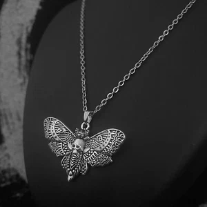 Unisex Beautifully Engraved Skull Head Butterfly Moth Pendant Necklace Gift UK - Picture 1 of 5