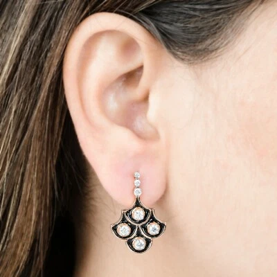 0.73 Ct Lab Grown CVD Round Diamond Dangle Earrings 18k Rose Gold Black Enamel - Image 1 of 4