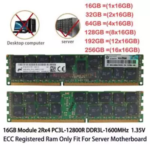 Micron 16 GB DDR3-1600MHz PC3L-12800R 2Rx4 RDIMM REG ECC Server Memory 1.35V lot - Picture 1 of 15