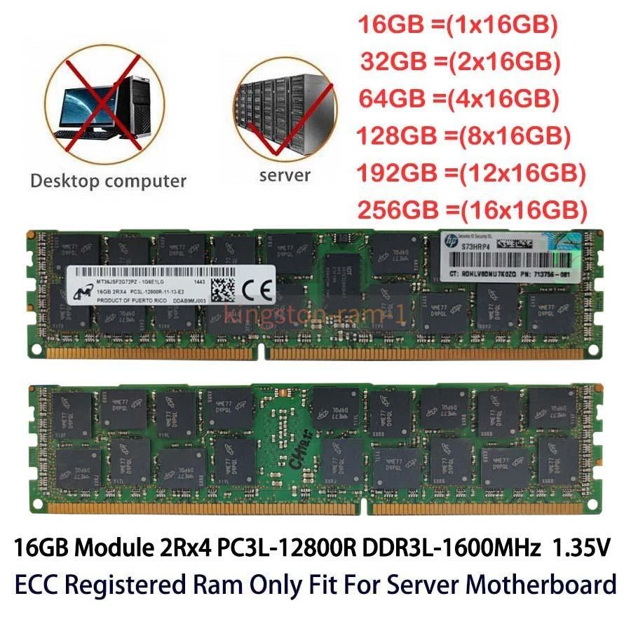 Micron 16 GB DDR3-1600MHz PC3L-12800R 2Rx4 RDIMM REG ECC Server Memory 1.35V lot - Image 1 of 4