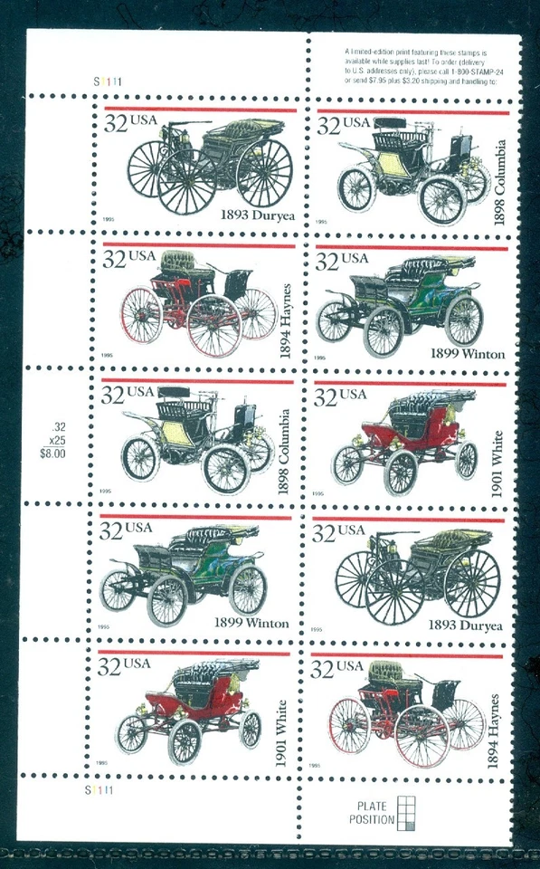 US 3019-3023 Antique Automobiles, Plate # S1111 Block/10 MNH - Image 1 of 1