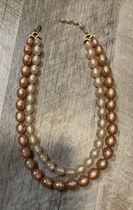 Vtg 2 Strand Champagne Peach Glass Bead Necklace Double - Picture 1 of 6