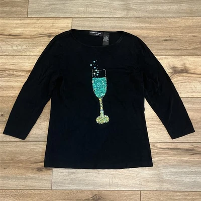 Robbie Bee Champagne Top MEDIUM Black Bubbly Sequin Beaded y2k Stretch Vintage - Image 1 of 4