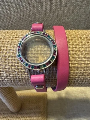 Origami Owl Pink Leather Wrap Bracelet ~ Multicolor Crystal Silver Locket ~ New - Image 1 of 2