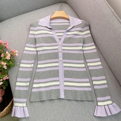Nuevo Suéter Top Tejido Ajustado Solapa a Rayas Gris-Púrpura Dulces Mujeres Cardigans  Foto 1 de 4