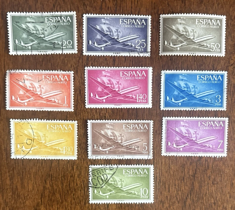 Spain: 1955-56  Set of 10 Airmail "Plane & Caravel" used. ID#09-09091 - image 1 of 1