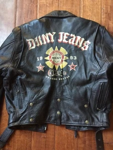DKNY Vintage Leather Black Biker Motorcycle Painted Club 1993 Bomber Jacket - Picture 1 of 11