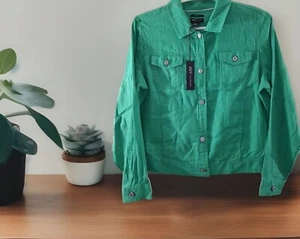 JONES NEW YORK 100% LINEN KELLY GREEN CROPPED TRUCKER JACKET FRONT POCKET M NWT - Picture 1 of 17
