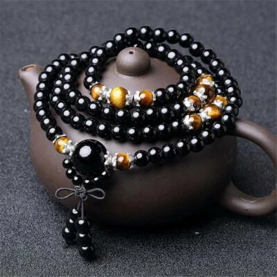 6mm Obsidian Tiger Eye Stone Tassel 108 Bead Mala Bracelet Reiki Spirituality - Image 1 of 4