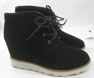 LADIES Black 3.5"High Wedge Heel Lace Up Round Toe Ankle Boot WOMEN Size 8.5 - Picture 1 of 5