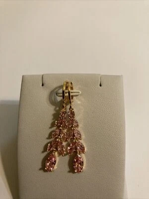 18k GP Pink Topaz Leaf Cluster Dangle Small Hoop Earrings - Image 1 of 4