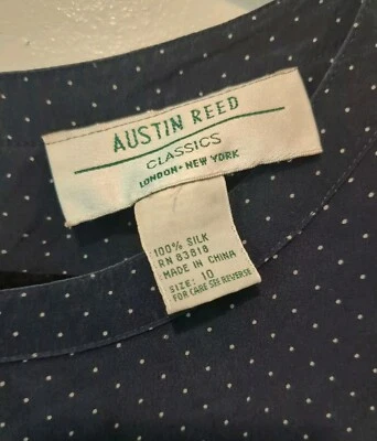 Blusa De Colección Austin Reed 100% Seda Para Mujer 10 Azul Blanco Polka Cuadrada Manga Corta Foto 1 de 4